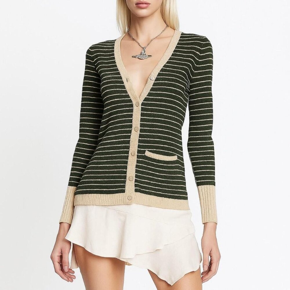 Tricots by Youth Guild Vintage 70's Green Striped Knit Cardigan